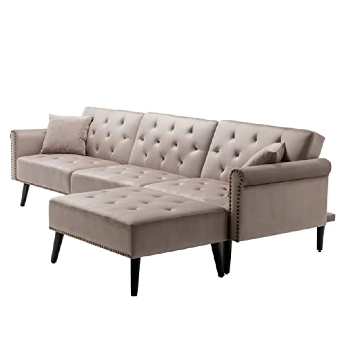 Silver Gray Velvet Sofa Bed with Ottoman and 2 Accent Pillows J504965