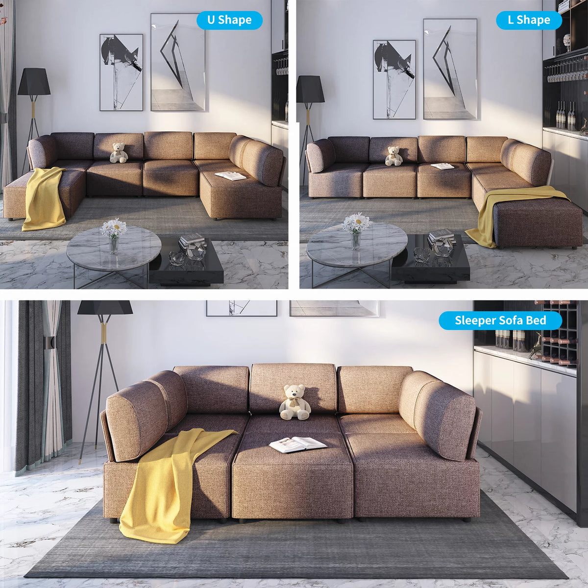 120"W Brown Linen Fabric Sectional Sofa A147962