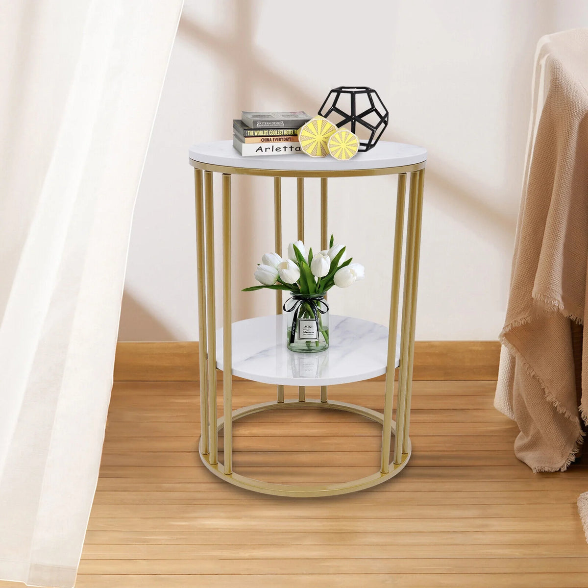 Round Marble 2 Tier Gold Metal Accent Table Y514512