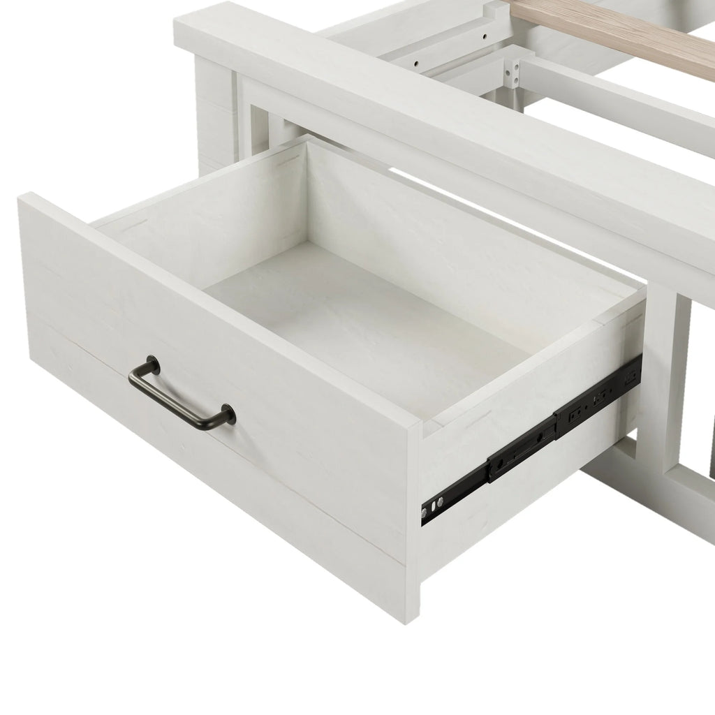 Queen Size White Solid Wood Storage Panel Bed with 2 Drawers B77291