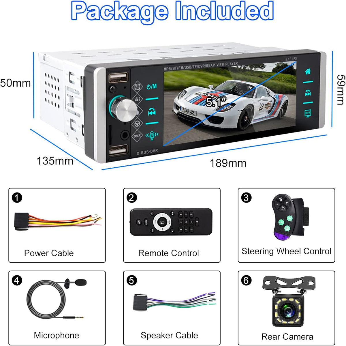 Single Din Car Stereo with 5.1 Inch Touch Screen Backup Camera D8260