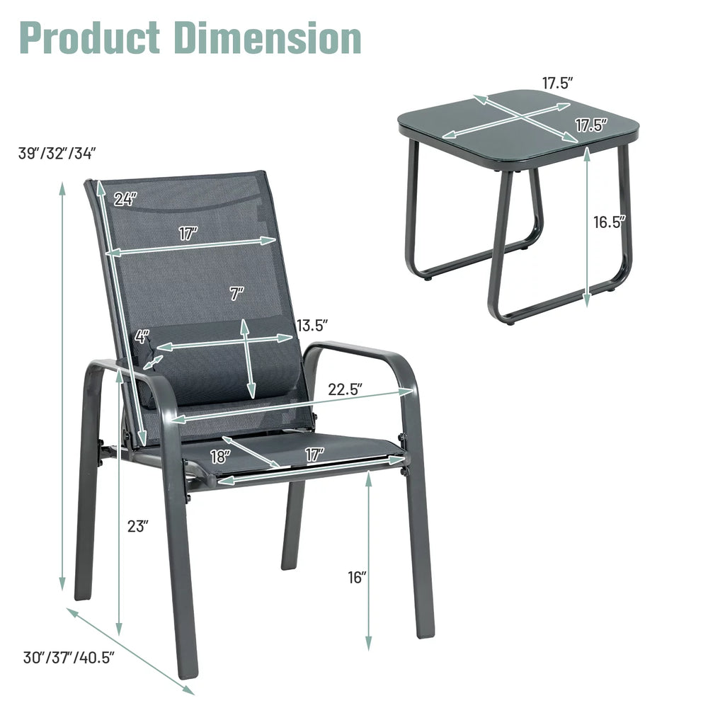 3PCS Adjustable Back Stackable Chairs Side Table Set Black Y49193