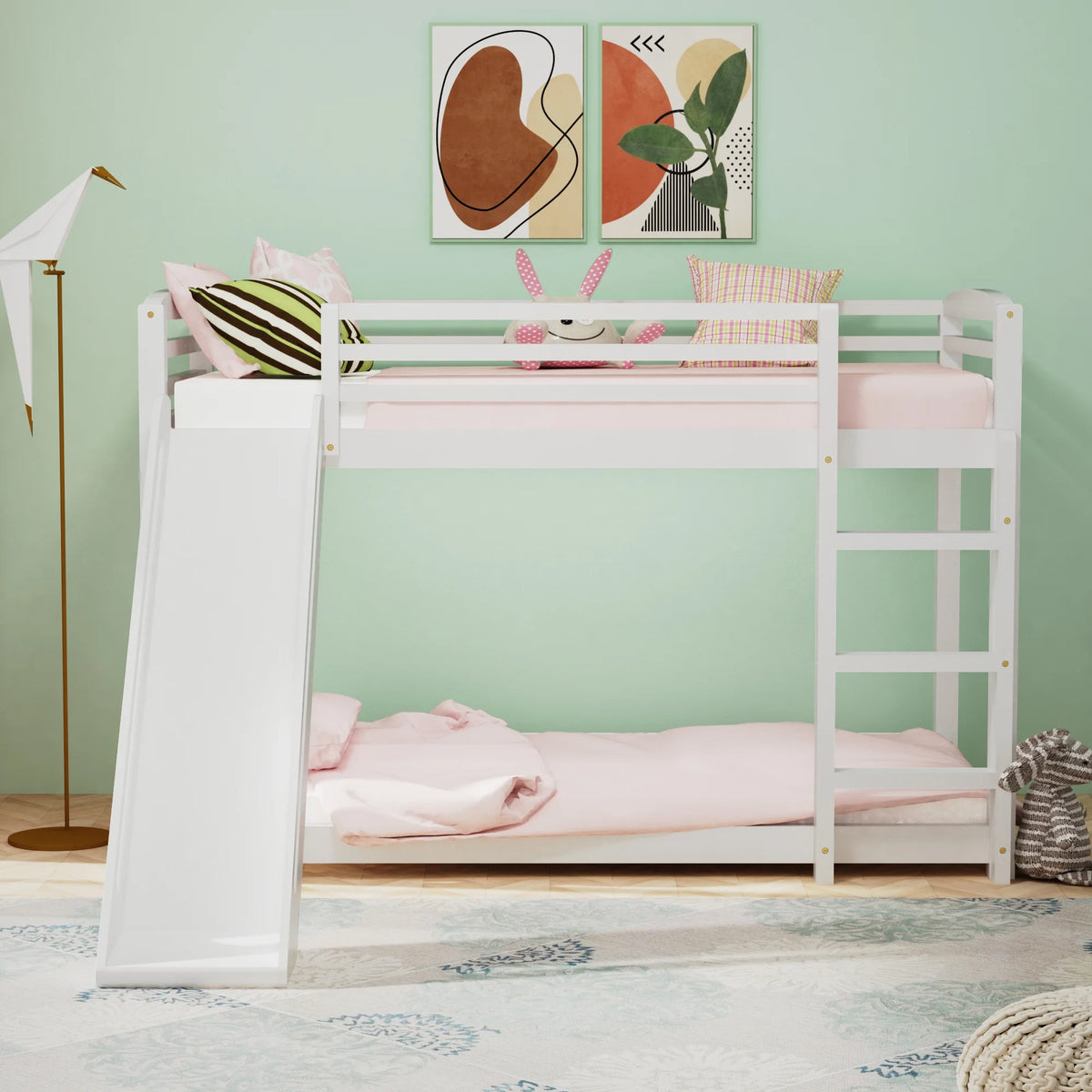 Twin over Twin White Wood Bunk Bed with Slide and Ladder U2214