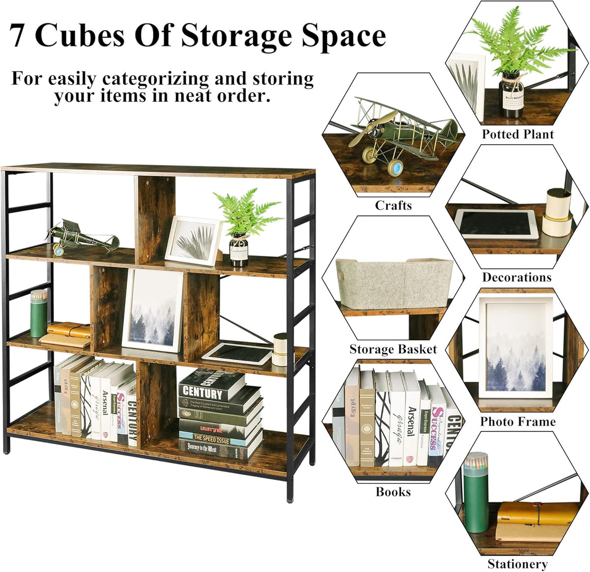 3-Tier Square Bookcase with 7 Open Storage Shelves H24355
