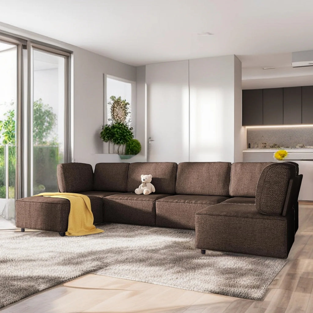 120"W Brown Linen Fabric Sectional Sofa A147962