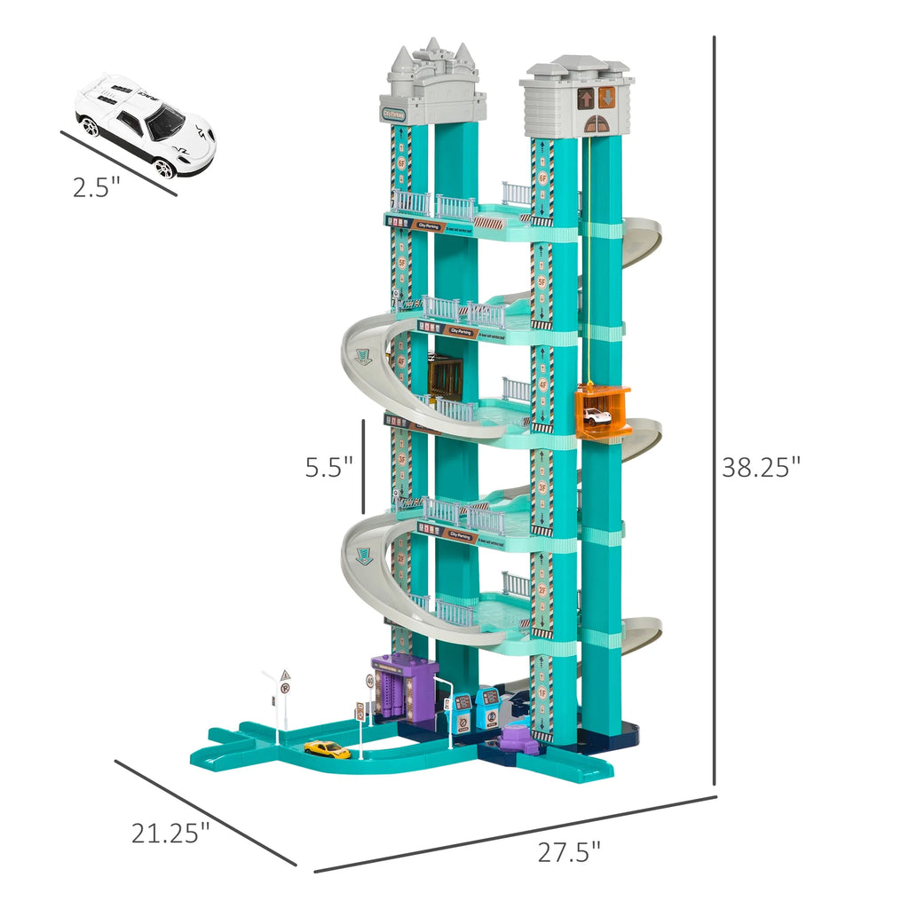 City Garage Playset with 98 Pieces Accessories Set, 6-Level Car Parking Playsets Toy with Manual and Electric Elevators Wash, Gas, Ejector & Car Repair Station S29705