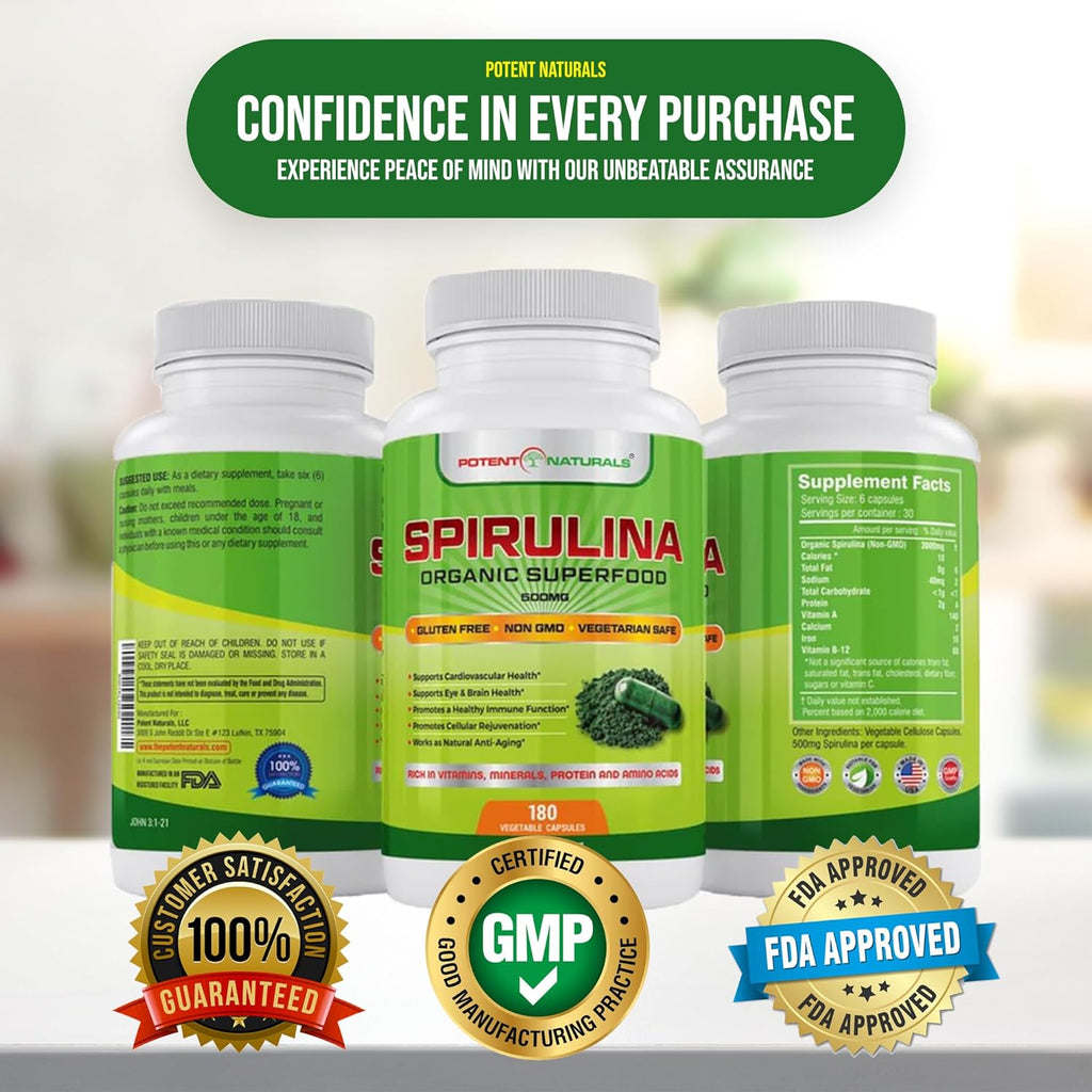 Organic Spirulina 3000mg Dietary Supplement, 180 Capsules E404