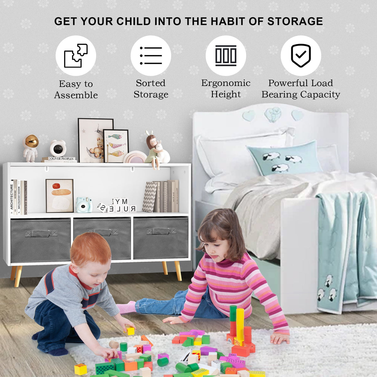 White Kid's Toy Storage Cabinet with Collapsible Fabric Drawers Z265