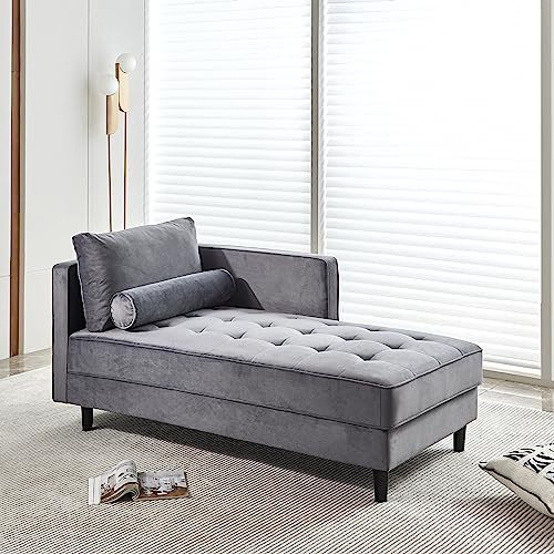64" Upholstered Velvet Chaise Lounge with Left Armrest & Lumbar Pillow V155657