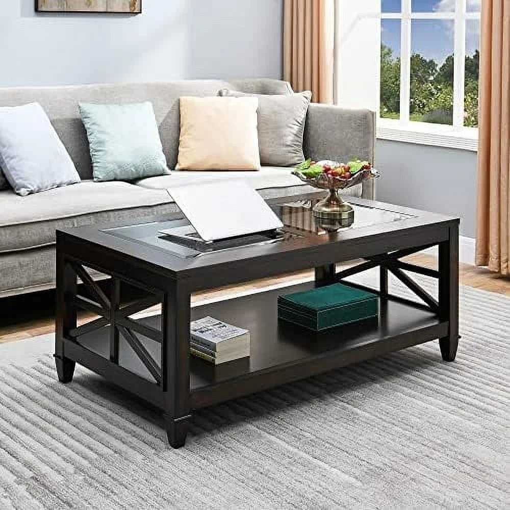 Solid Wood Coffee Table with Tempered Glass Top S67837