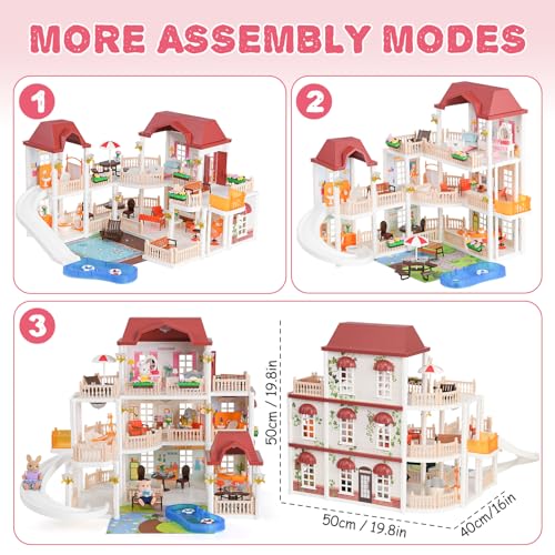 Dollhouse with 4 Doll Toy Figures, Pool Slide, Elevator, Furniture and Lights D403294