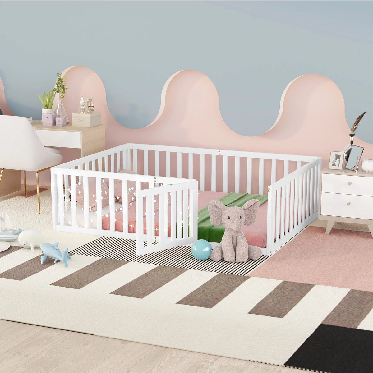 Full Size White Wood Daybed Frame with Fence R58900