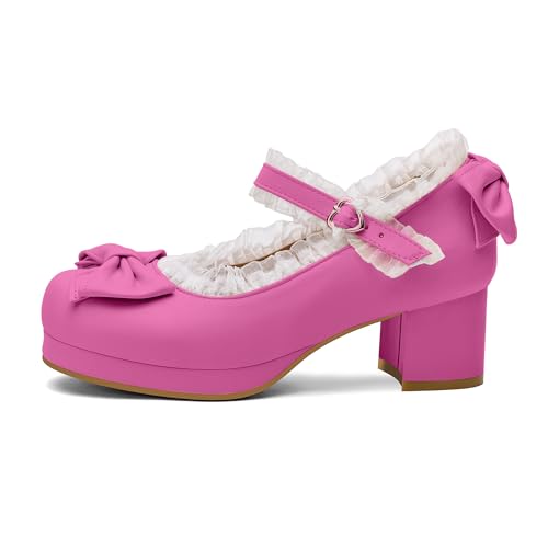 Womens Platform Mary Jane Shoes Ankle Strap Block Mid Thick Heel Pumps with Bow and Lace G260474