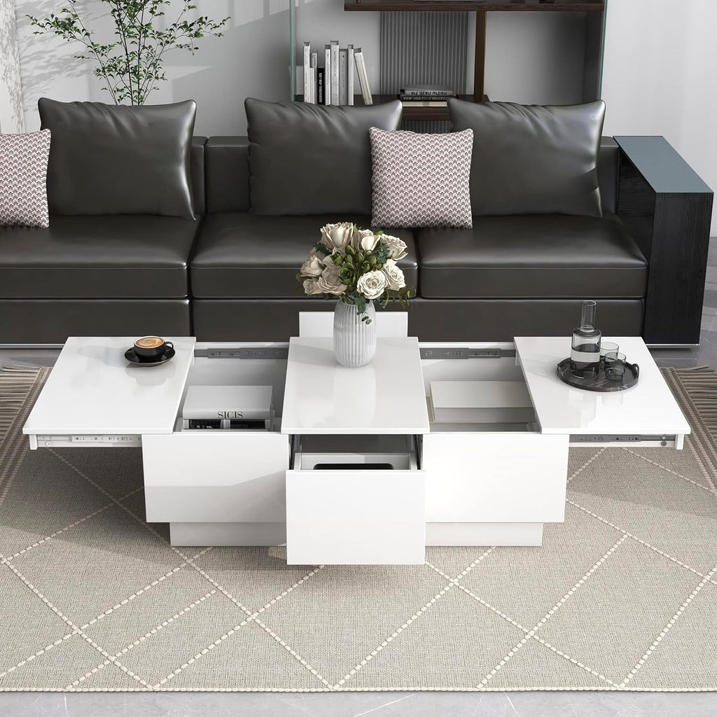 Extendable Coffee Table with 2 Drawers and Sliding Top, 39.3" White A108