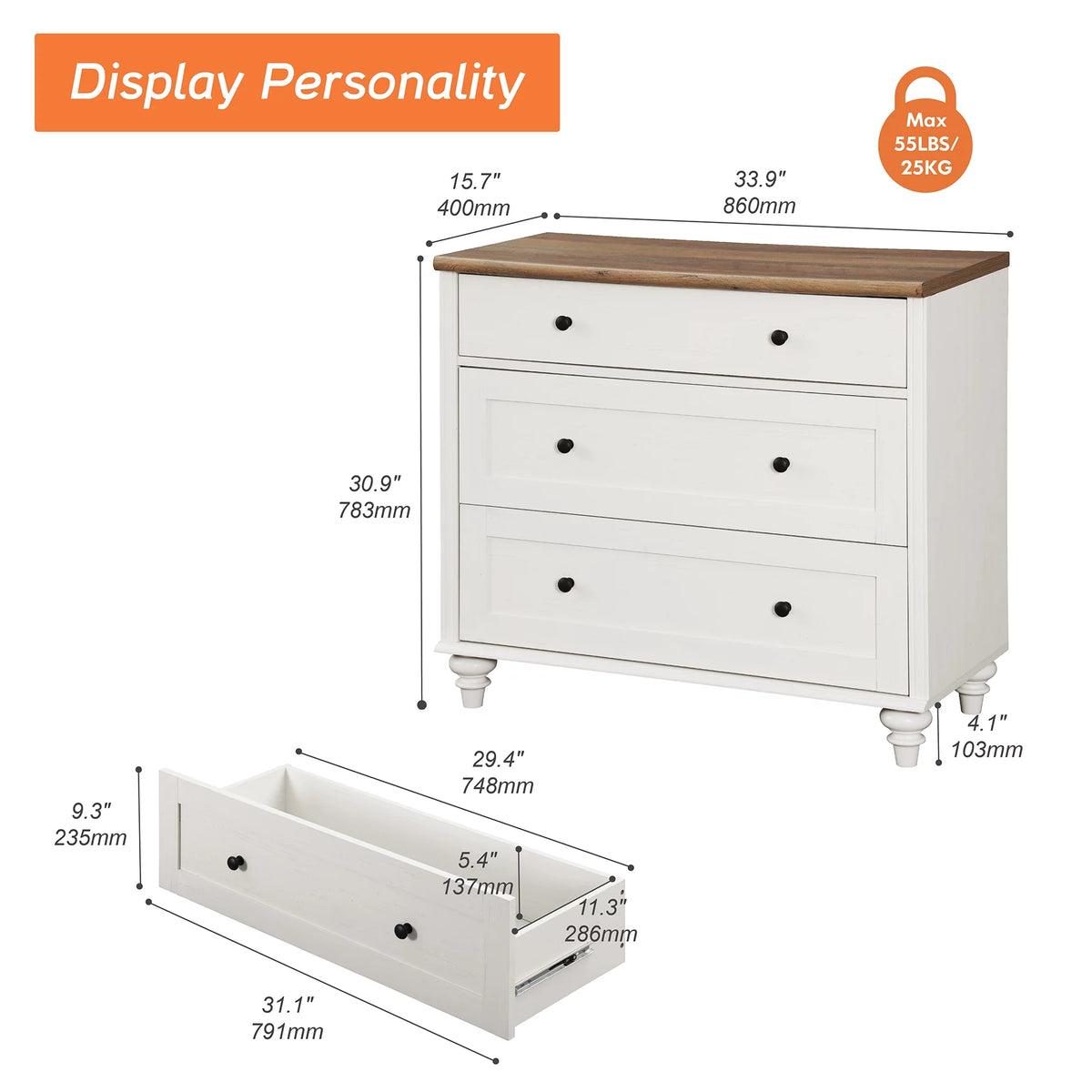 White 3 Drawer Wood Dresser C488