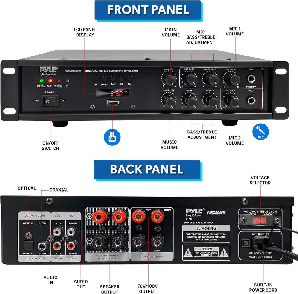 500W Rack Mount Stereo Power Amplifier Receiver with FM Radio, USB, AUX, Mic, Optical, Coaxial E3766