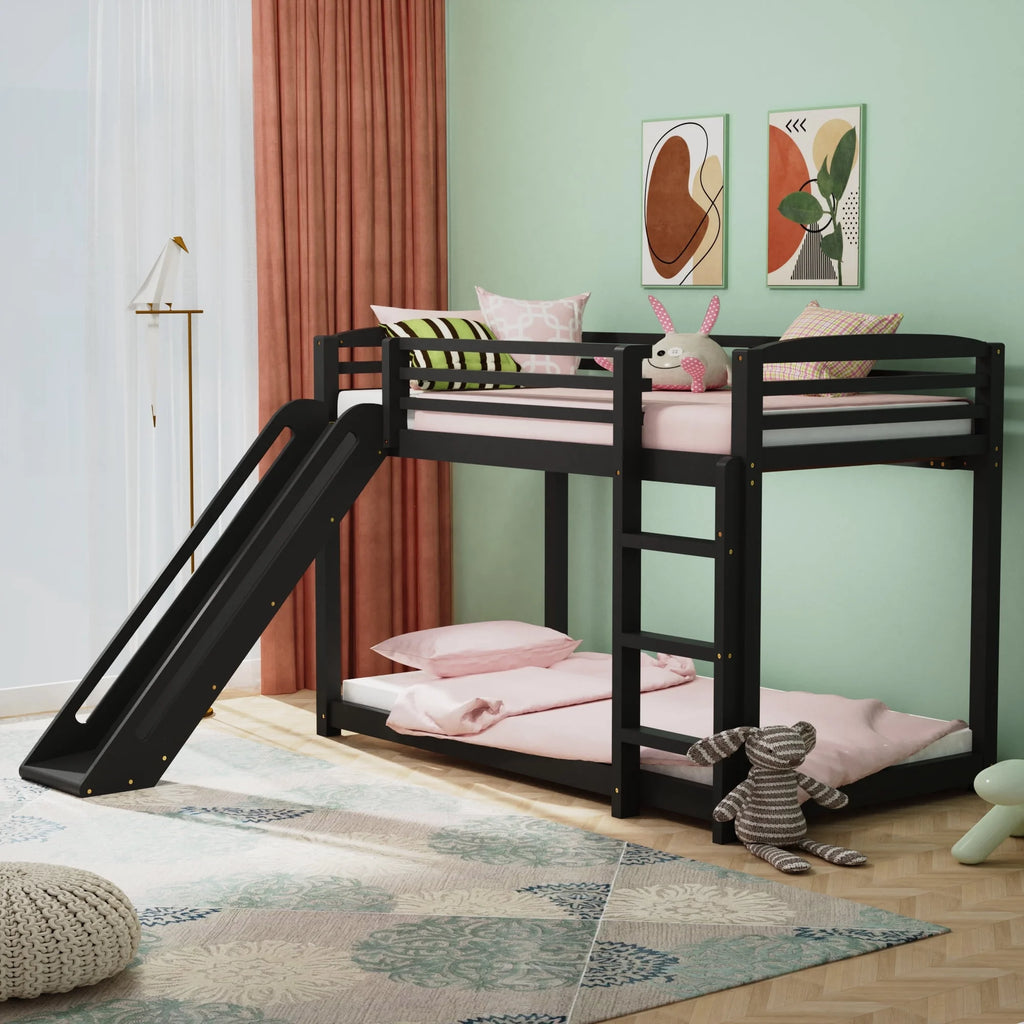Twin over Twin White Wood Bunk Bed with Slide and Ladder U2214