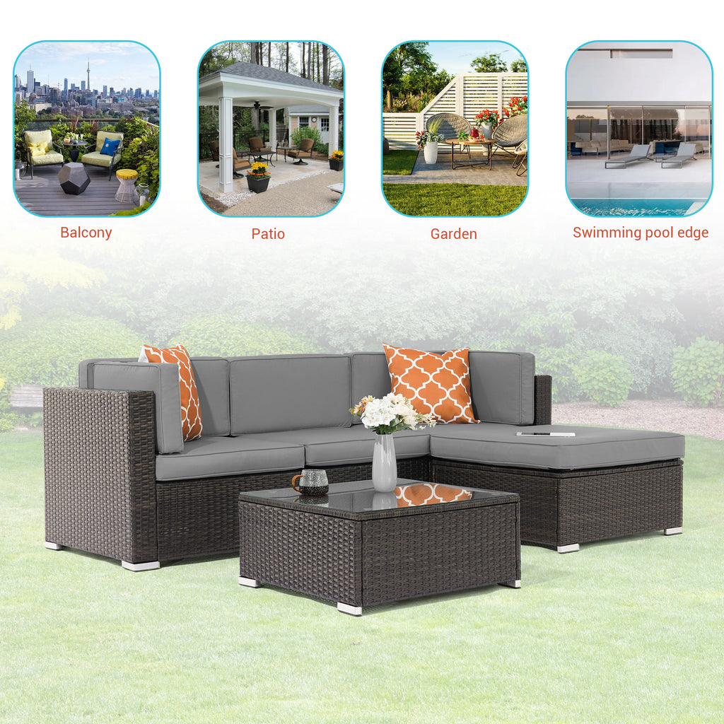 5 Pcs Gray PE Wicker Sectional Sofa Set with Tea Table and Ottoman G56416