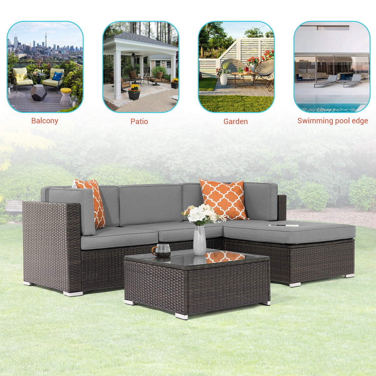 5 Pcs Gray PE Wicker Sectional Sofa Set with Tea Table and Ottoman G56416
