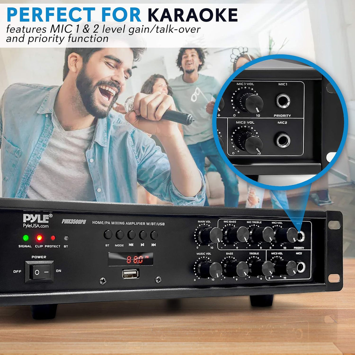 500W Rack Mount Stereo Power Amplifier Receiver with FM Radio, USB, AUX, Mic, Optical, Coaxial E3766