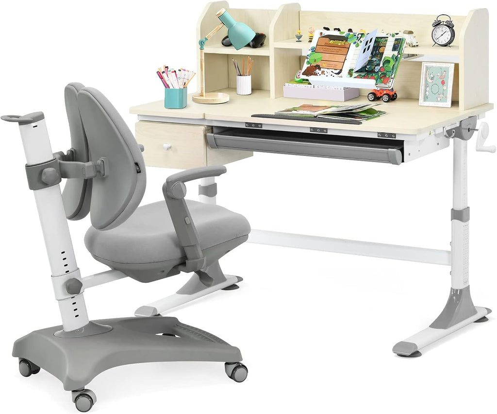 Kids Desk and Chair Set, Height Adjustable Study Desk with Drawer, Ergonomic Student Chair (Gray) D6127