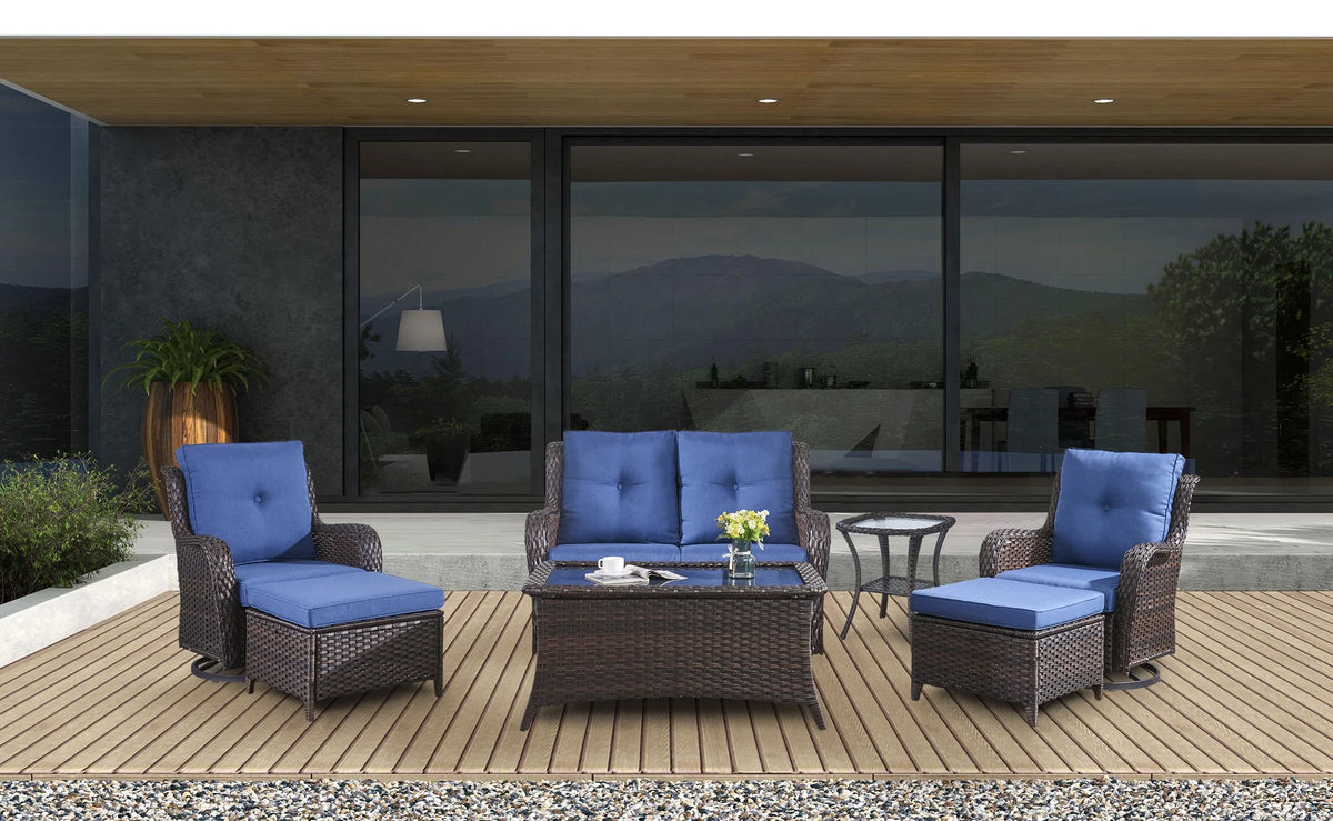 Blue 7Pcs Outdoor Rattan Patio Furniture Set with Cushion R857