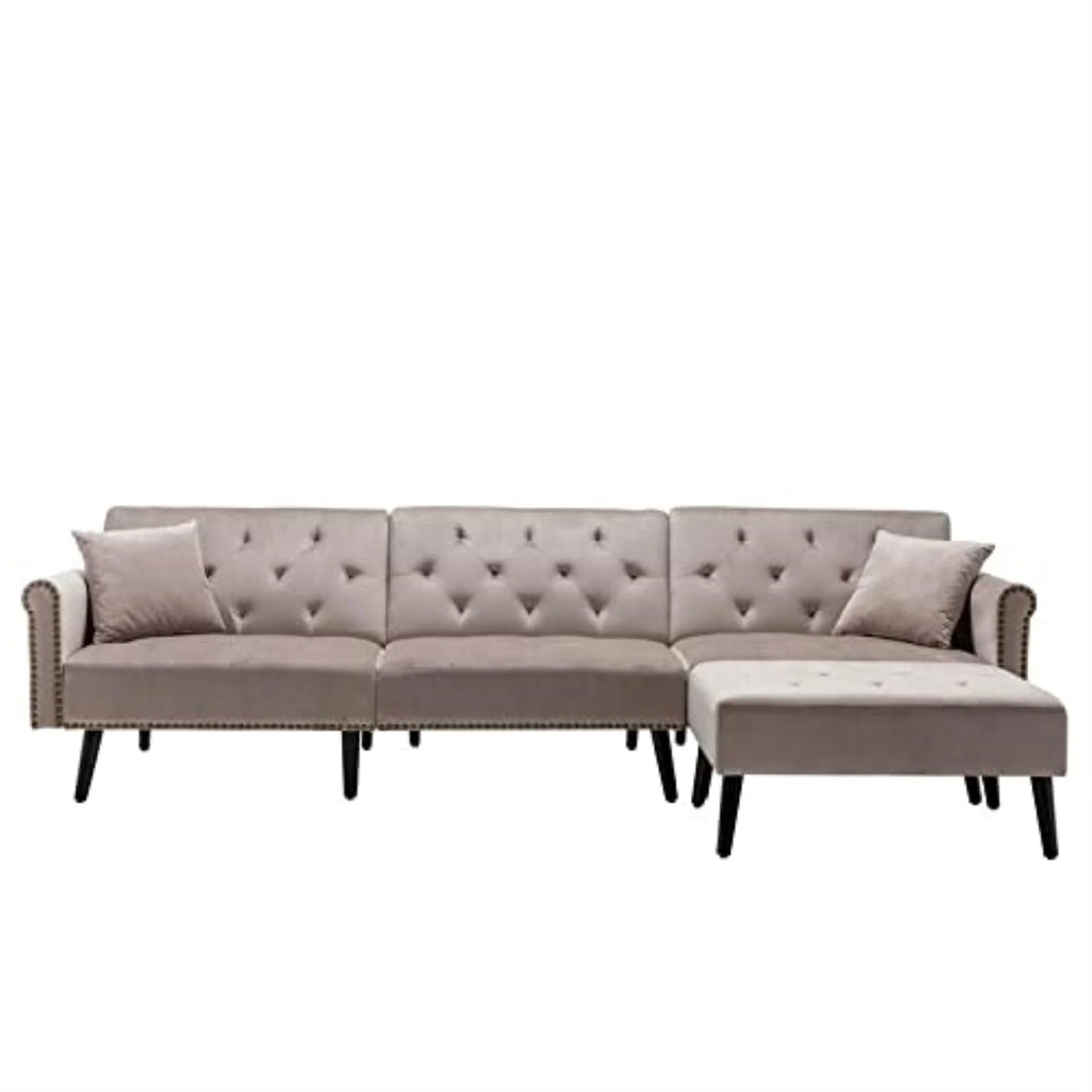 Silver Gray Velvet Sofa Bed with Ottoman and 2 Accent Pillows J504965