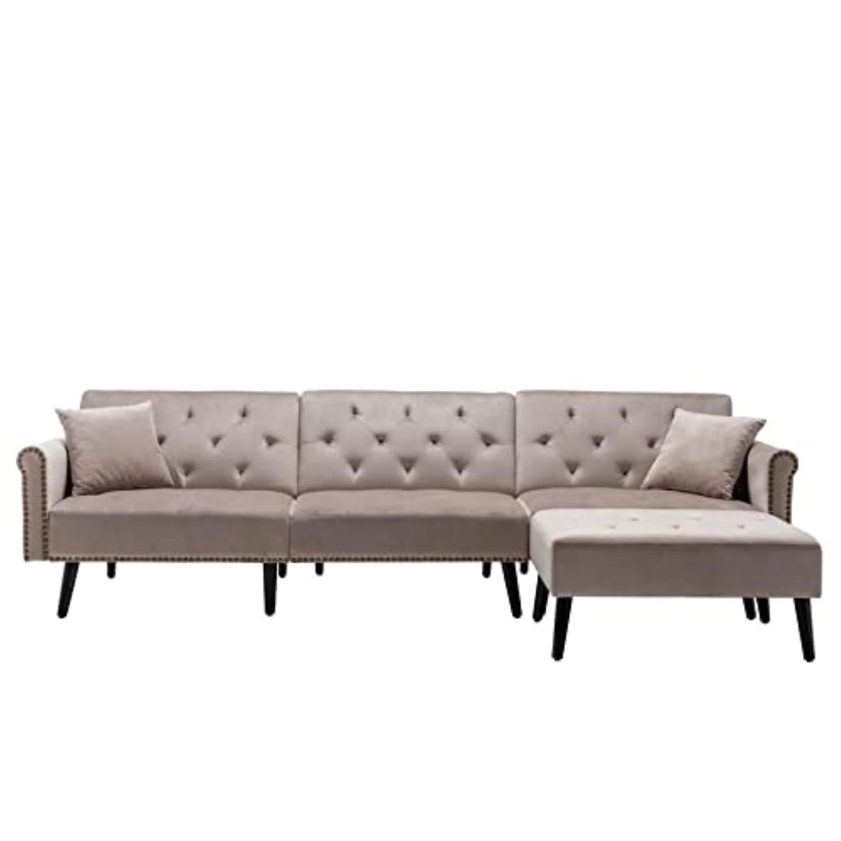Silver Gray Velvet Sofa Bed with Ottoman and 2 Accent Pillows J504965