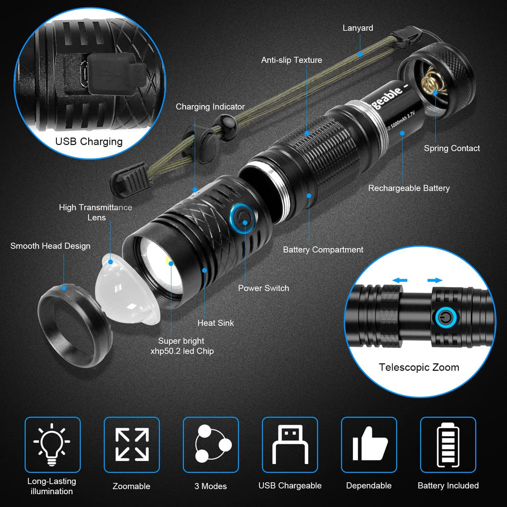 Rechargeable LED Flashlight, 1200 Lumens, 5000mAh Battery, Waterproof, Handheld, Tactical Z31058