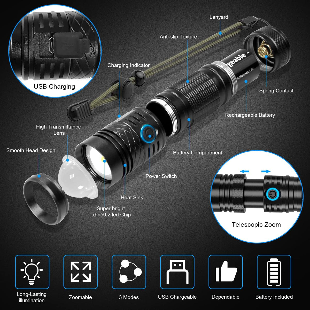 Rechargeable LED Flashlight, 1200 Lumens, 5000mAh Battery, Waterproof, Handheld, Tactical Z31058