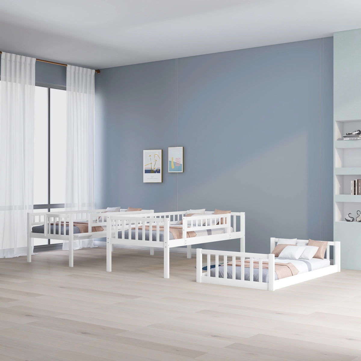 White Wood Triple Bunk Bed with Slide and Ladder C2161