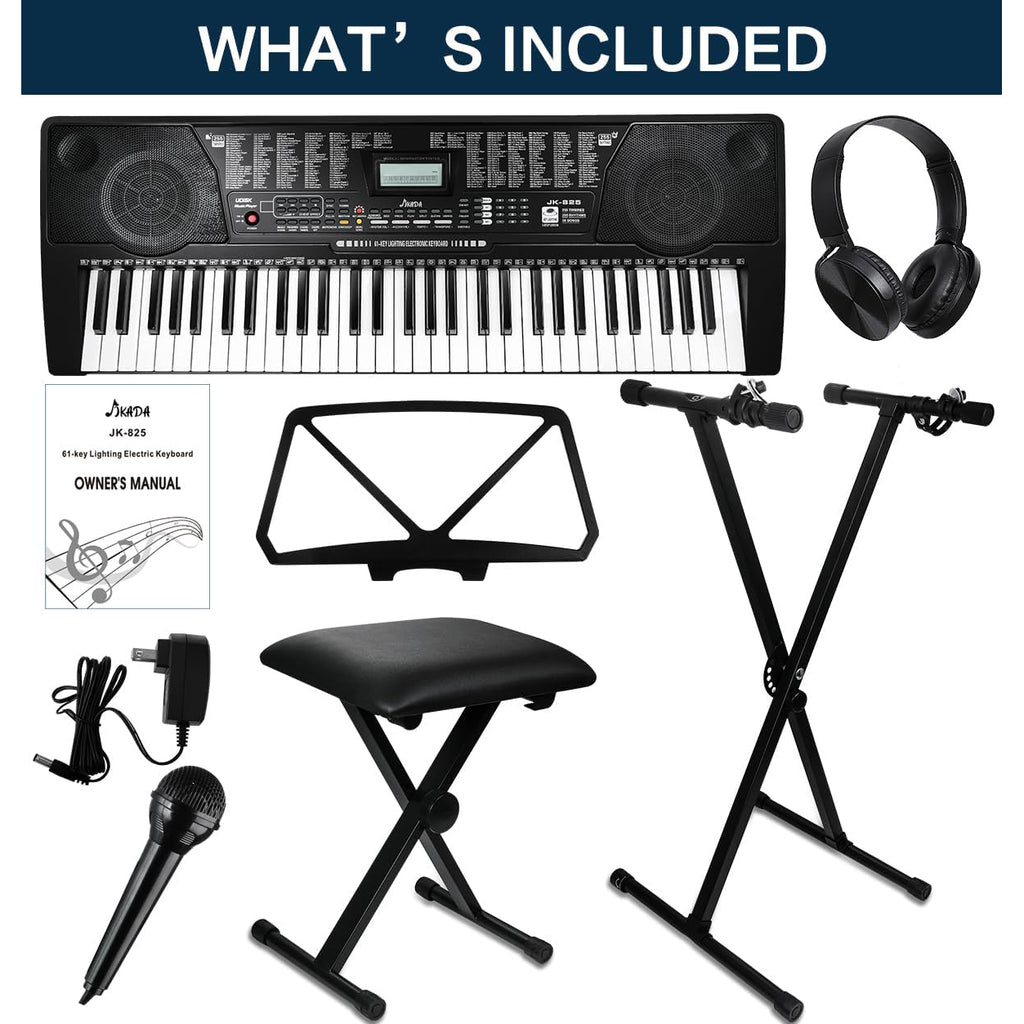 61 Key Portable Electronic Keyboard Piano with Lighted Full Size Keys, LCD, Headphones, X-Stand, Stool, Music Rest, Microphone, Note Stickers, Built-In Speakers, 3 Teaching Modes Y83073