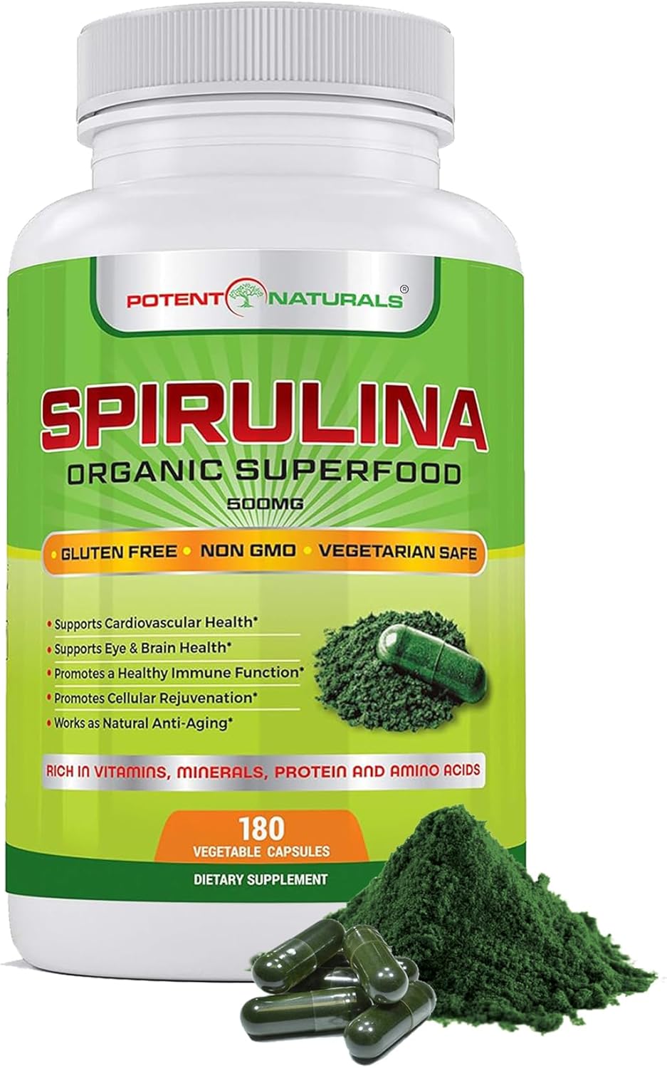 Organic Spirulina 3000mg Dietary Supplement, 180 Capsules E404