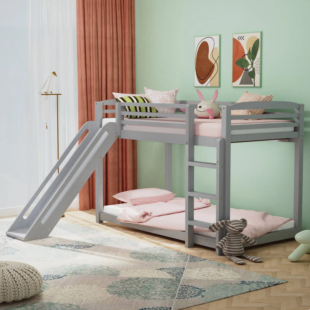 Twin over Twin White Wood Bunk Bed with Slide and Ladder U2214