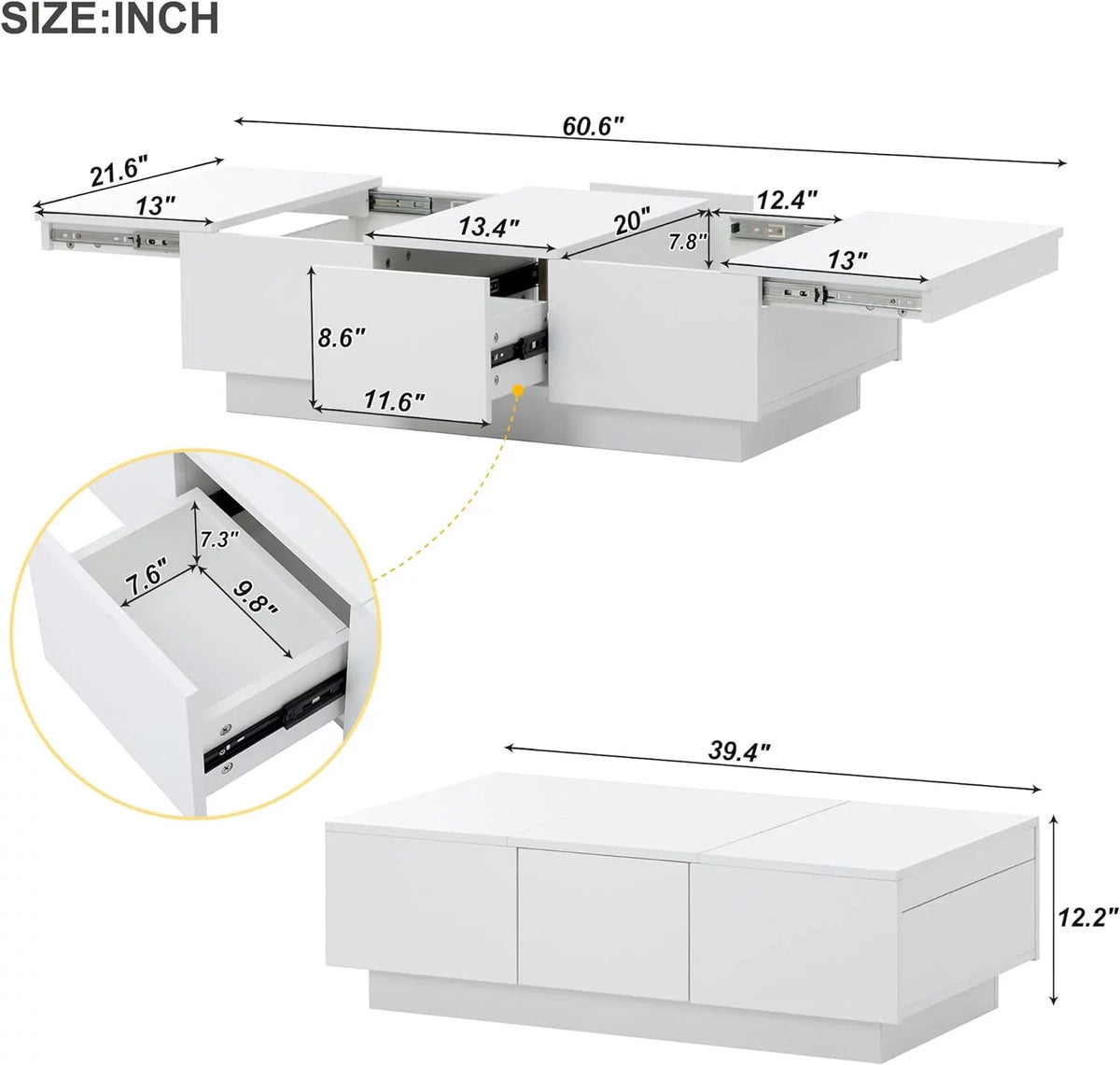 Extendable Coffee Table with 2 Drawers and Sliding Top, 39.3" White A108