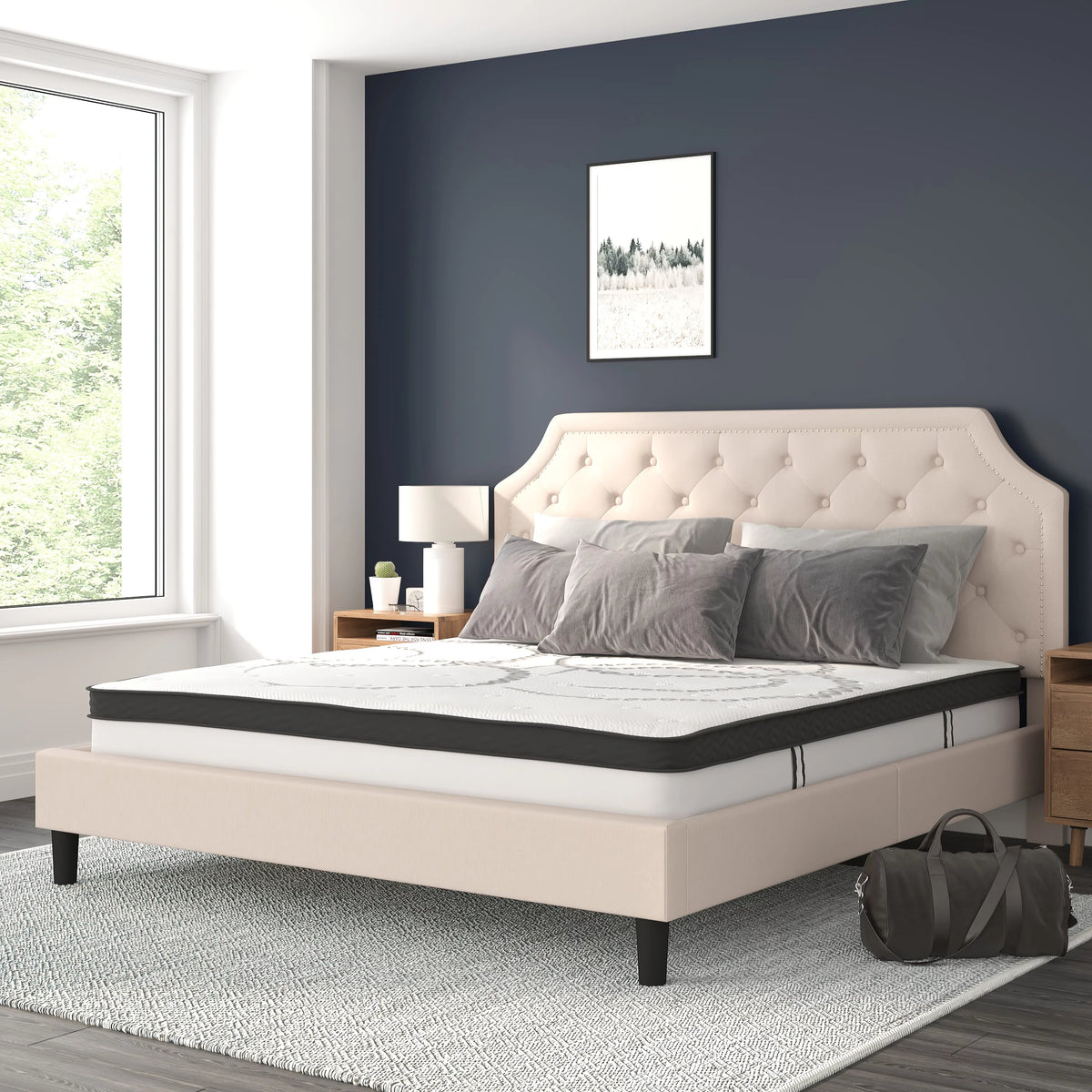 King Size Tufted Upholstered Platform Bed Beige Fabric with 10 Inch Pocket Spring Mattress P14439