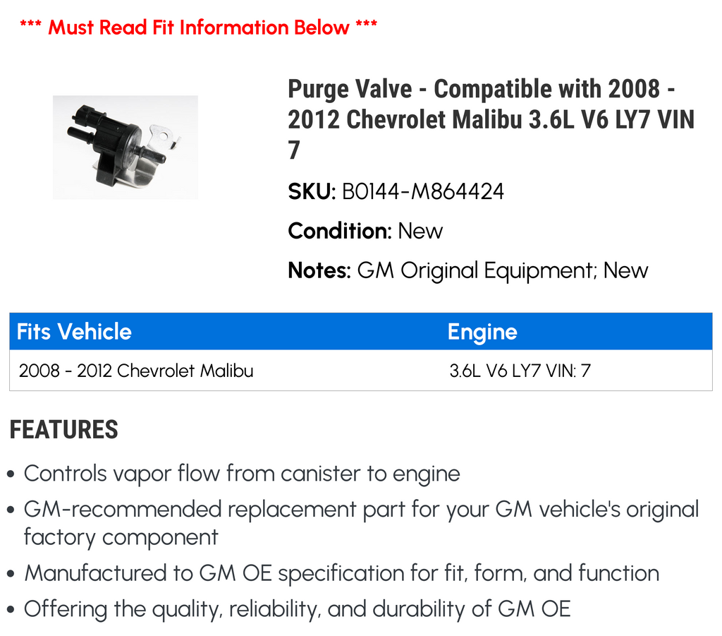 Purge Valve for 2008-2012 Chevy Malibu 3.6L V6 LY7 VIN 7 C898