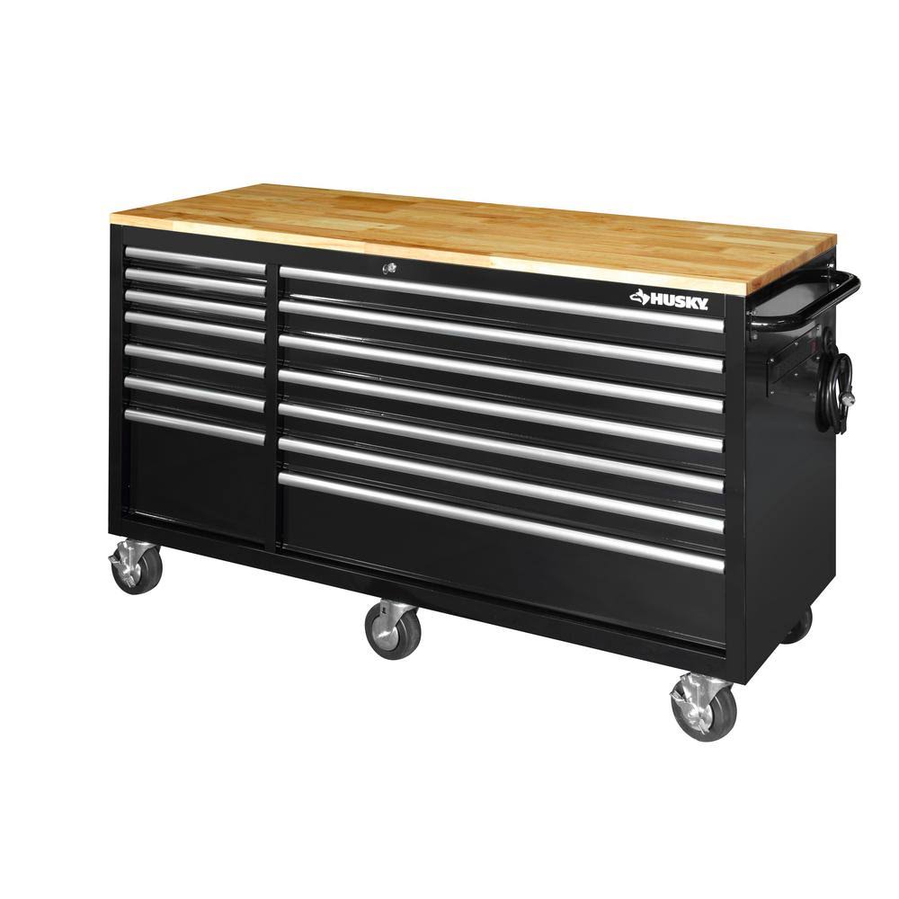 Black 14-Drawer Mobile Workbench with Solid Wood Top Y574009