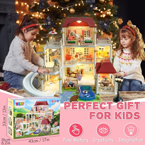 Dollhouse with 4 Doll Toy Figures, Pool Slide, Elevator, Furniture and Lights D403294