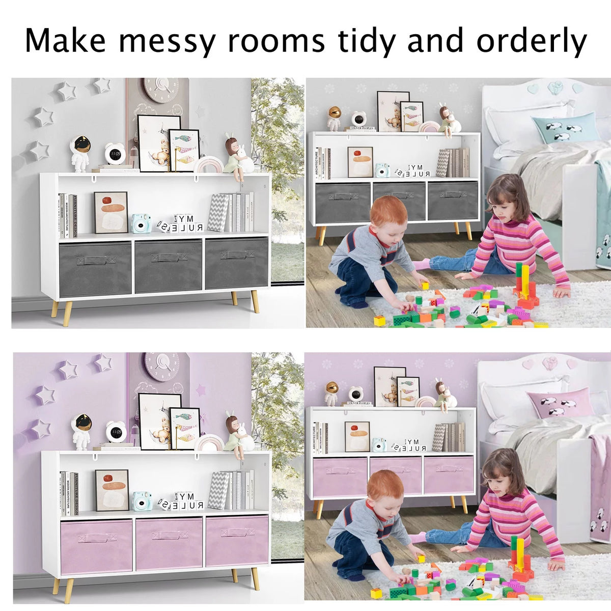White Kid's Toy Storage Cabinet with Collapsible Fabric Drawers Z265