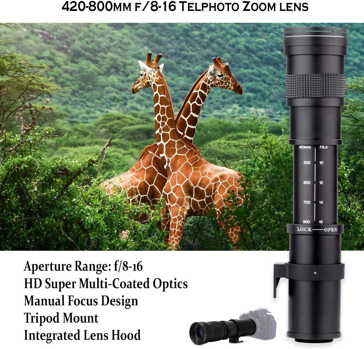 DSLR Camera with 18-55mm Lens, 75-300mm Lens, 420-800mm Telephoto Zoom Lens, 32GB Memory, Filters, Tripod J946593
