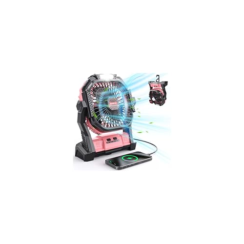 Portable Battery Operated Fan, 20000mAh Rechargeable Camping Fan with LED Lantern Q38883