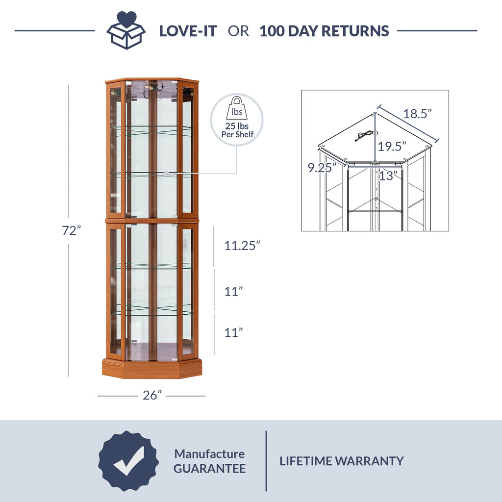 Lighted Corner Curio Cabinet with Tempered Glass Doors and Shelves J645912