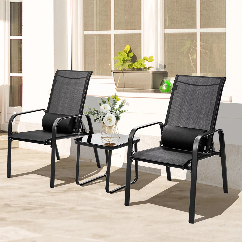 3PCS Adjustable Back Stackable Chairs Side Table Set Black Y49193