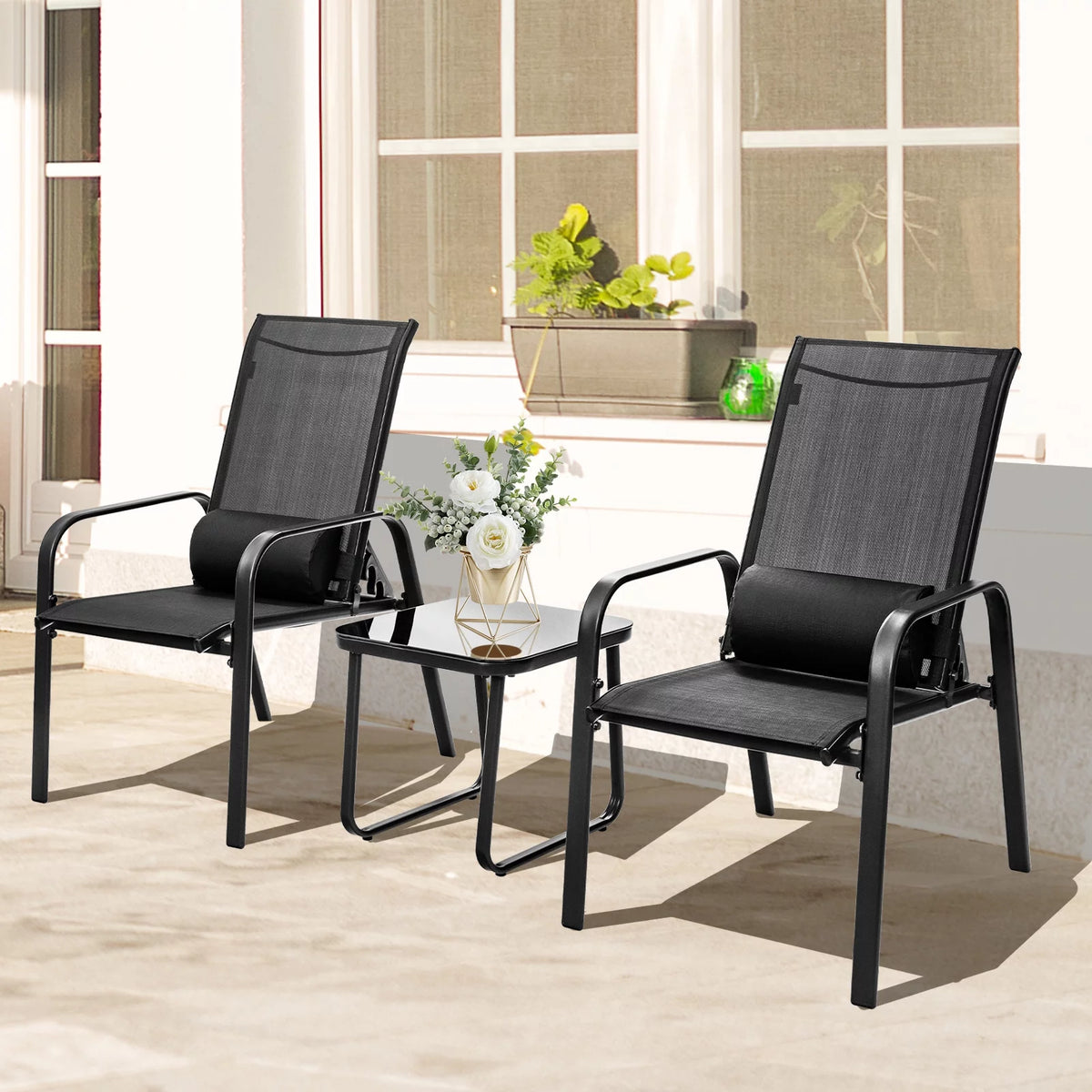 3PCS Adjustable Back Stackable Chairs Side Table Set Black Y49193