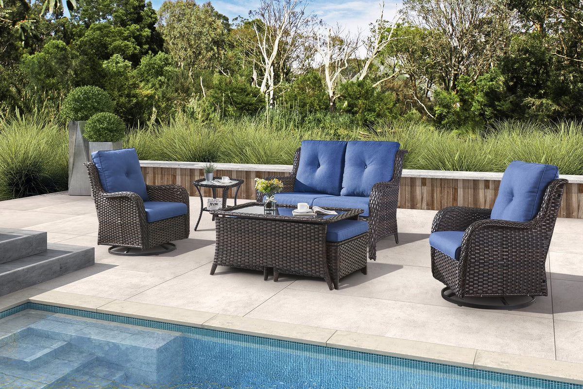 Blue 7Pcs Outdoor Rattan Patio Furniture Set with Cushion R857