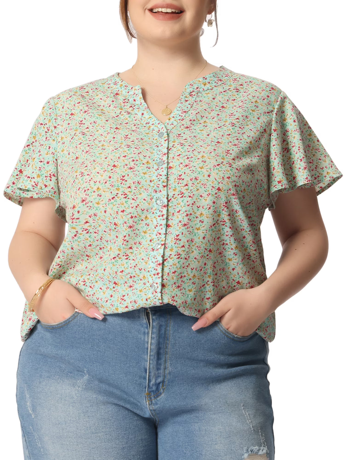 Plus Size Button Down Flare Short Sleeve Chiffon Blouse E414