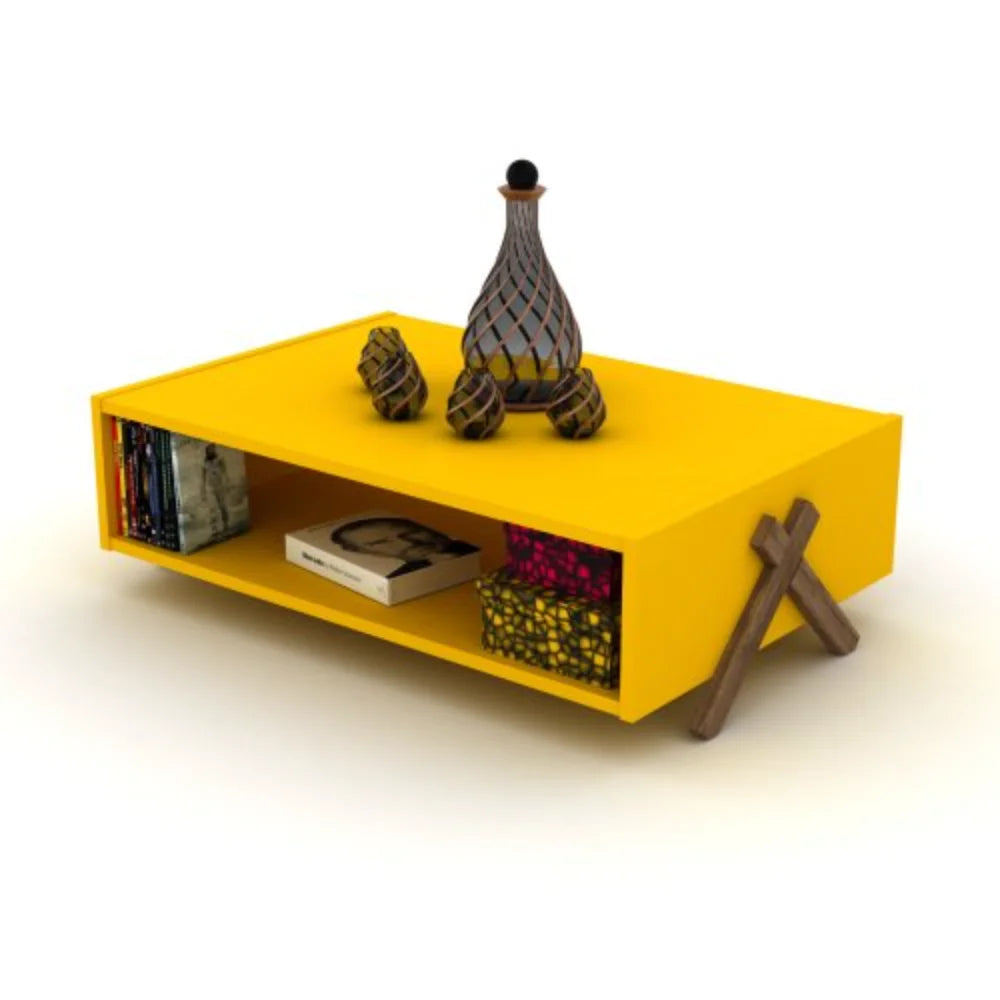 Walnut Yellow Rectangular Wooden Coffee Table with Shelving X977