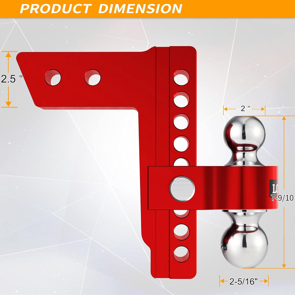 Adjustable Aluminum Trailer Hitch, Fits 2.5-Inch Receiver, 8-Inch Drop/Rise, 18,500 LBS GTW, Red E399
