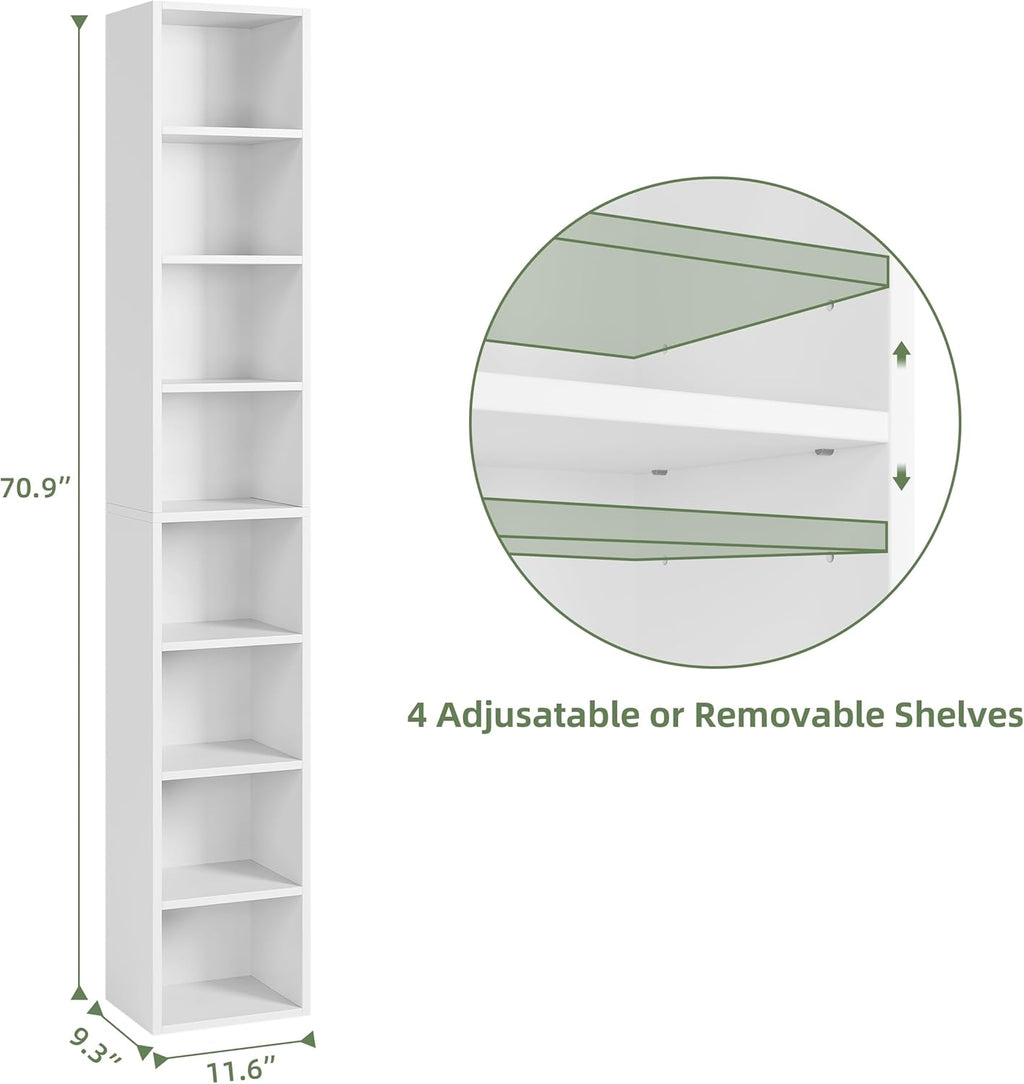 White 8-Tier Narrow Bookshelf with Adjustable Shelves L811
